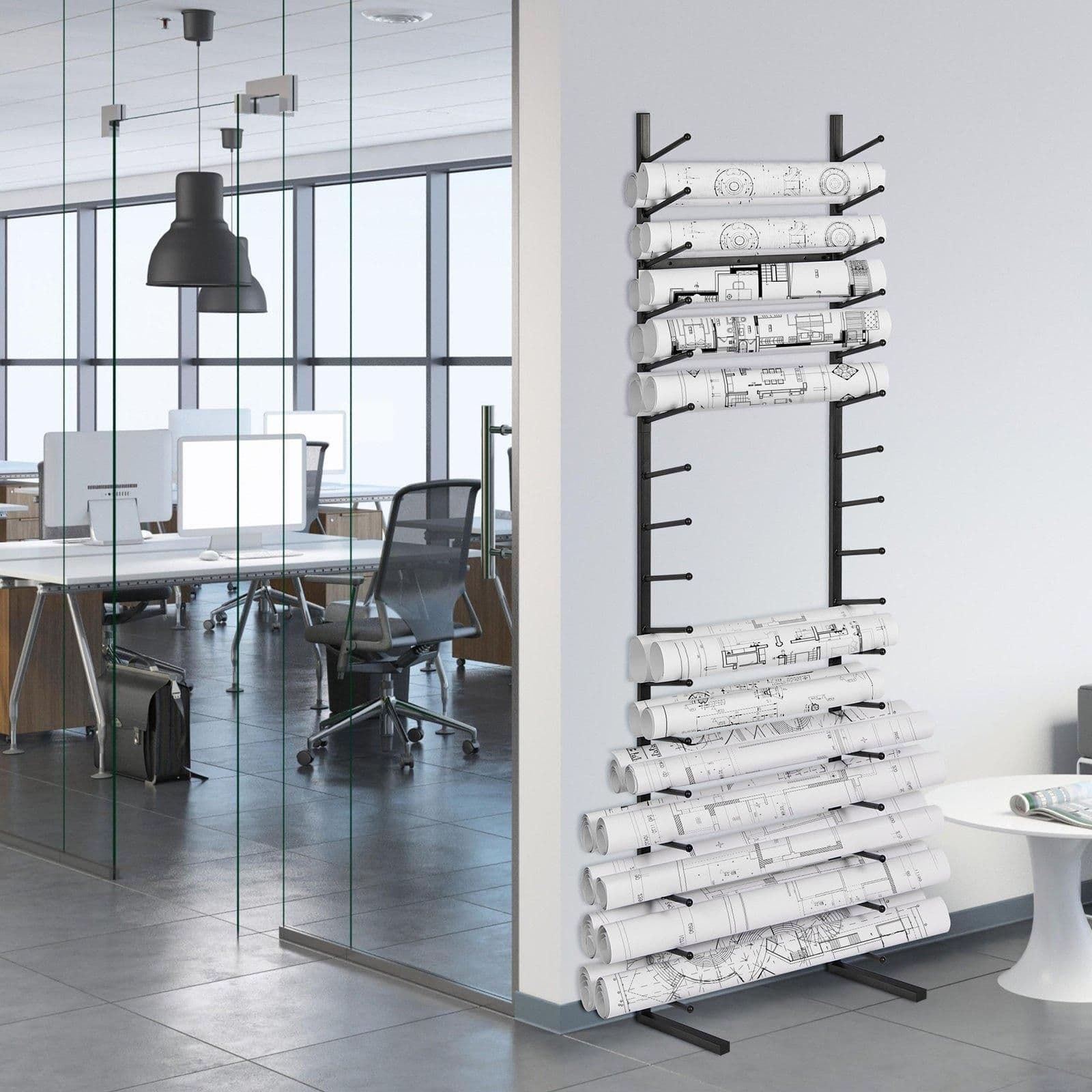 image-VEVOR Blueprint Storage Rack, Hanging Poster Display Rack 16-Tier, Vertical Blueprint Roll File Holder 2 Rolls/tire, Roll File Storage Rack for Blueprint Map Poster