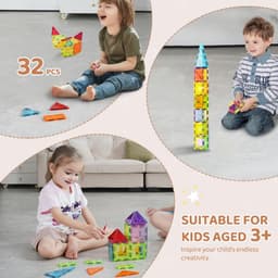 image-VEVOR Magnetic Tiles, 32 PCS Magnetic Building Blocks for Kids, Magnet Building Set with Storage Bag, STEM Sensory Educational Construction Stacking Toys Gift for Toddlers Boys and Girls 3+ Year Old