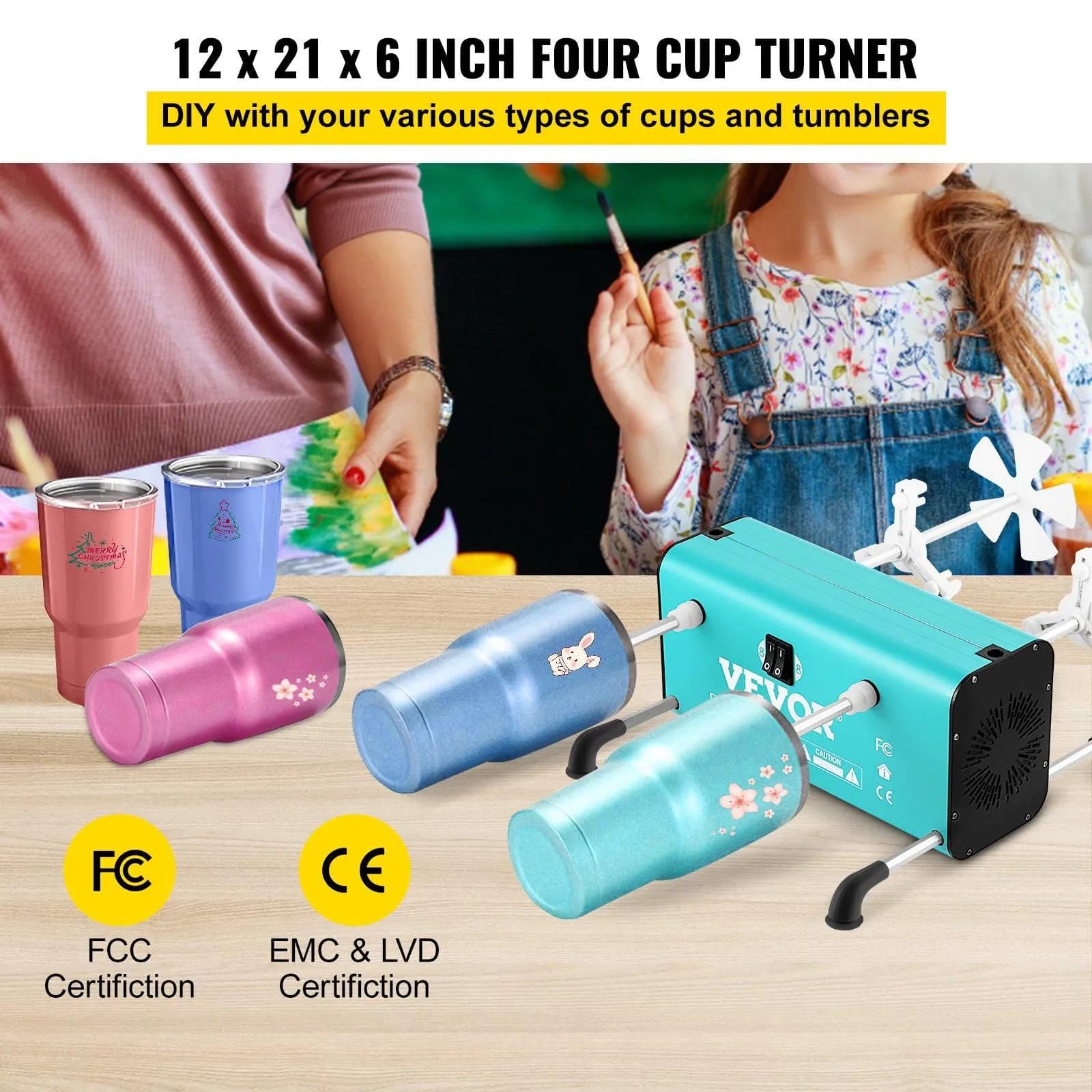 image-VEVOR 4 Cup Turner, 2 Speeds Multiple Tumbler Spinner Rotator Machine Kit with 4 Removable and Adjustable Arms, Mute Motor, Aluminum Alloy Frame, 4 Independent Switches for DIY Glitter Crafts(Green)
