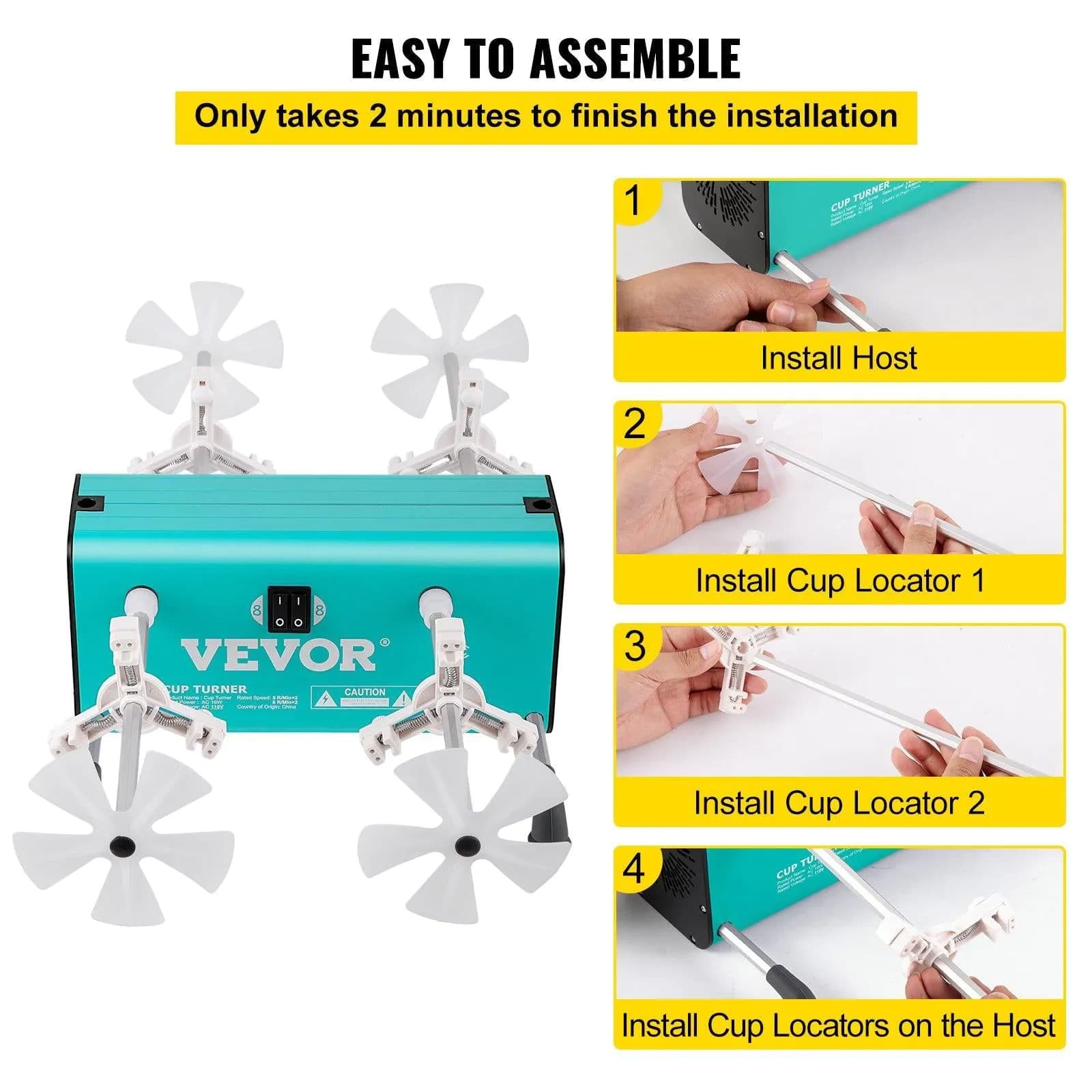 image-VEVOR 4 Cup Turner, 2 Speeds Multiple Tumbler Spinner Rotator Machine Kit with 4 Removable and Adjustable Arms, Mute Motor, Aluminum Alloy Frame, 4 Independent Switches for DIY Glitter Crafts(Green)
