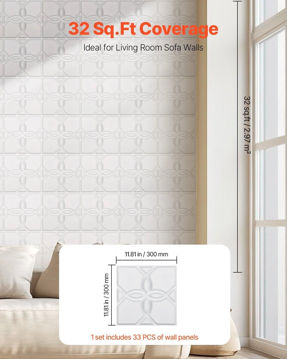 image-VEVOR 3D Wall Panels, 33-Pack 11.81 x 11.81 in PVC Modern Art Minimalist Floral Tiles, 32 Sq.Ft Coverage Accent Wall Panel, Interior Home Decor for Ceiling, Bedroom, Living & Gaming Room, Matte White