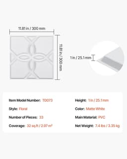 image-VEVOR 3D Wall Panels, 33-Pack 11.81 x 11.81 in PVC Modern Art Minimalist Floral Tiles, 32 Sq.Ft Coverage Accent Wall Panel, Interior Home Decor for Ceiling, Bedroom, Living & Gaming Room, Matte White