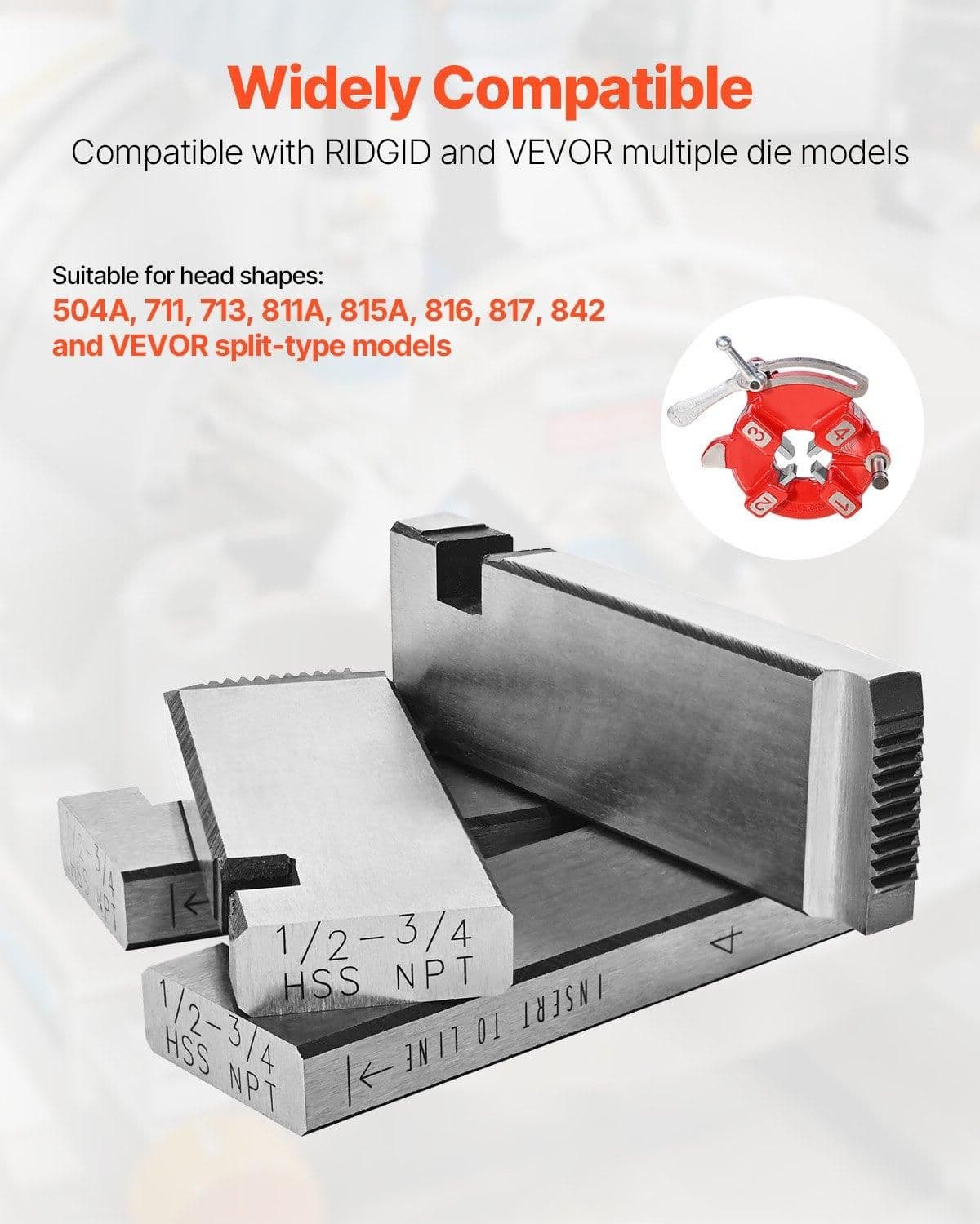 image-VEVOR Threading Machine Dies, 1/2"-3/4" NPT Pipe Dies(4 Packs), Right-Handed HSS Pipe Threading Dies, Fit VEVOR Split-Type Machines, RIDGID Universal Die Heads 504A, 711, 713, 811A, 815A, 816, 817, 842