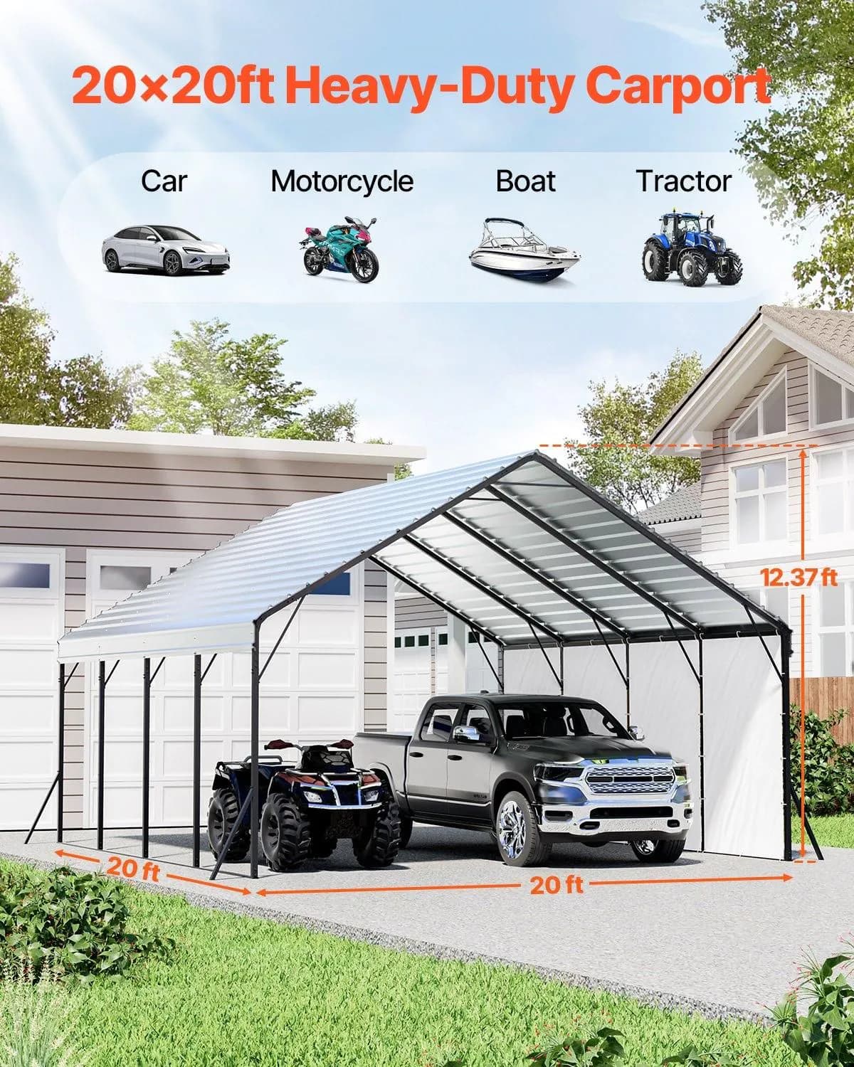 image-VEVOR Heavy Duty Metal Carport, 20 x 20 ft Outdoor Carport with Sturdy Frame & Roof, Car Garage Shade with Removable Sidewalls, Multi-Use Car Shelter for Pickup, Boat, Trucks & Tractors