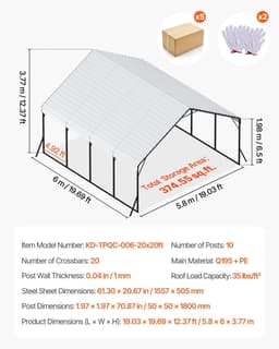 image-VEVOR Heavy Duty Metal Carport, 20 x 20 ft Outdoor Carport with Sturdy Frame & Roof, Car Garage Shade with Removable Sidewalls, Multi-Use Car Shelter for Pickup, Boat, Trucks & Tractors