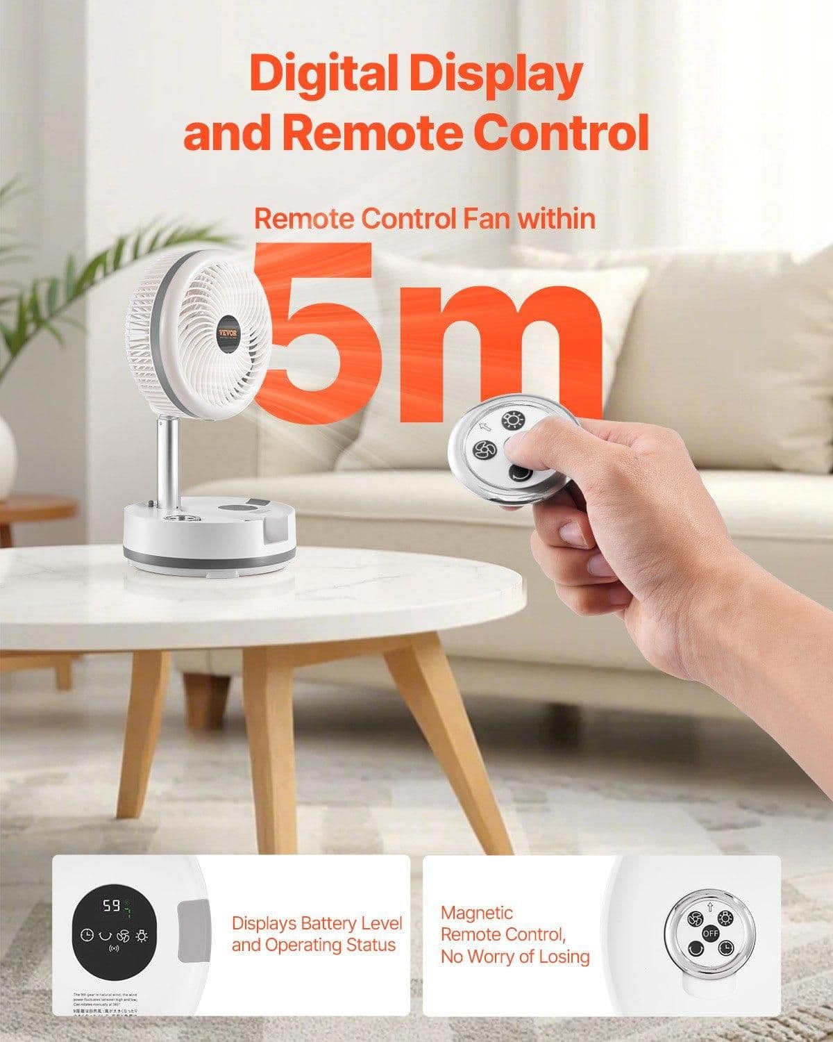 image-VEVOR 10 inch Portable Foldable Rechargeable Oscillating Fan, 3-in-1 Battery Operated with Remote Control, Quiet Desk/Table Pedestal Fan, 9 Speeds,90-degree Auto Left/Right Rotation,for Home,Office