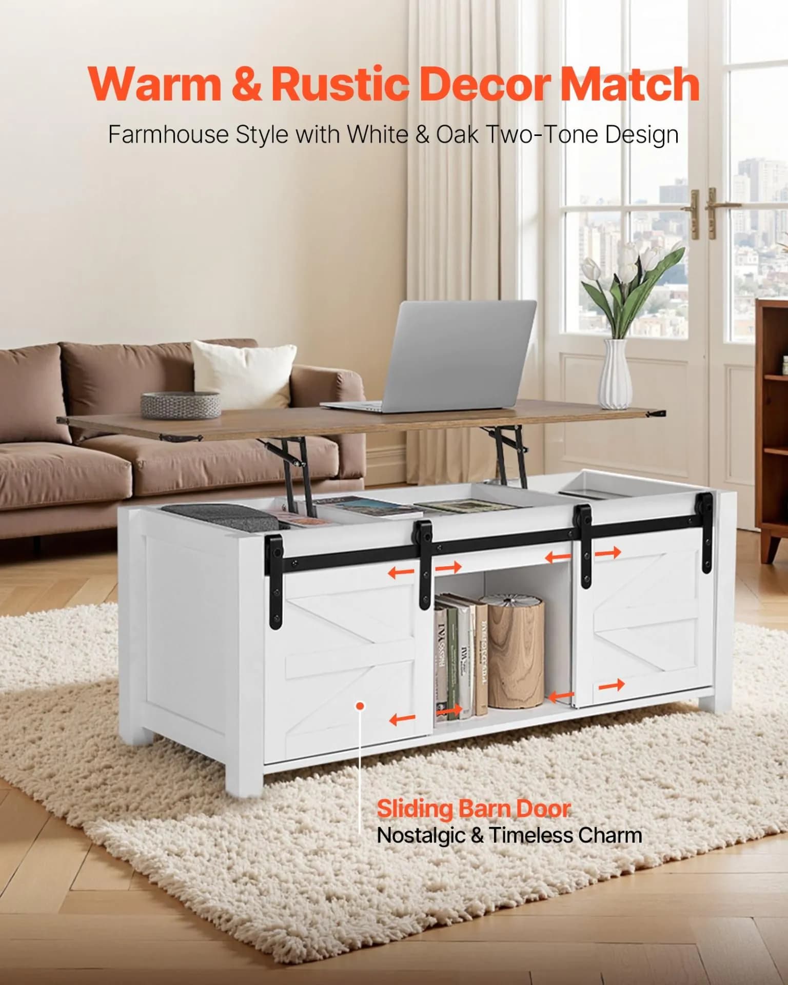 image-VEVOR 47.2 in Farmhouse Lift Top Coffee Table, Rustic Center Table with Barn Door and Hidden Storage Compartment, Modern Rectangle Lifting Tabletop for Living Room, Office, Home, Easy Assembly, White