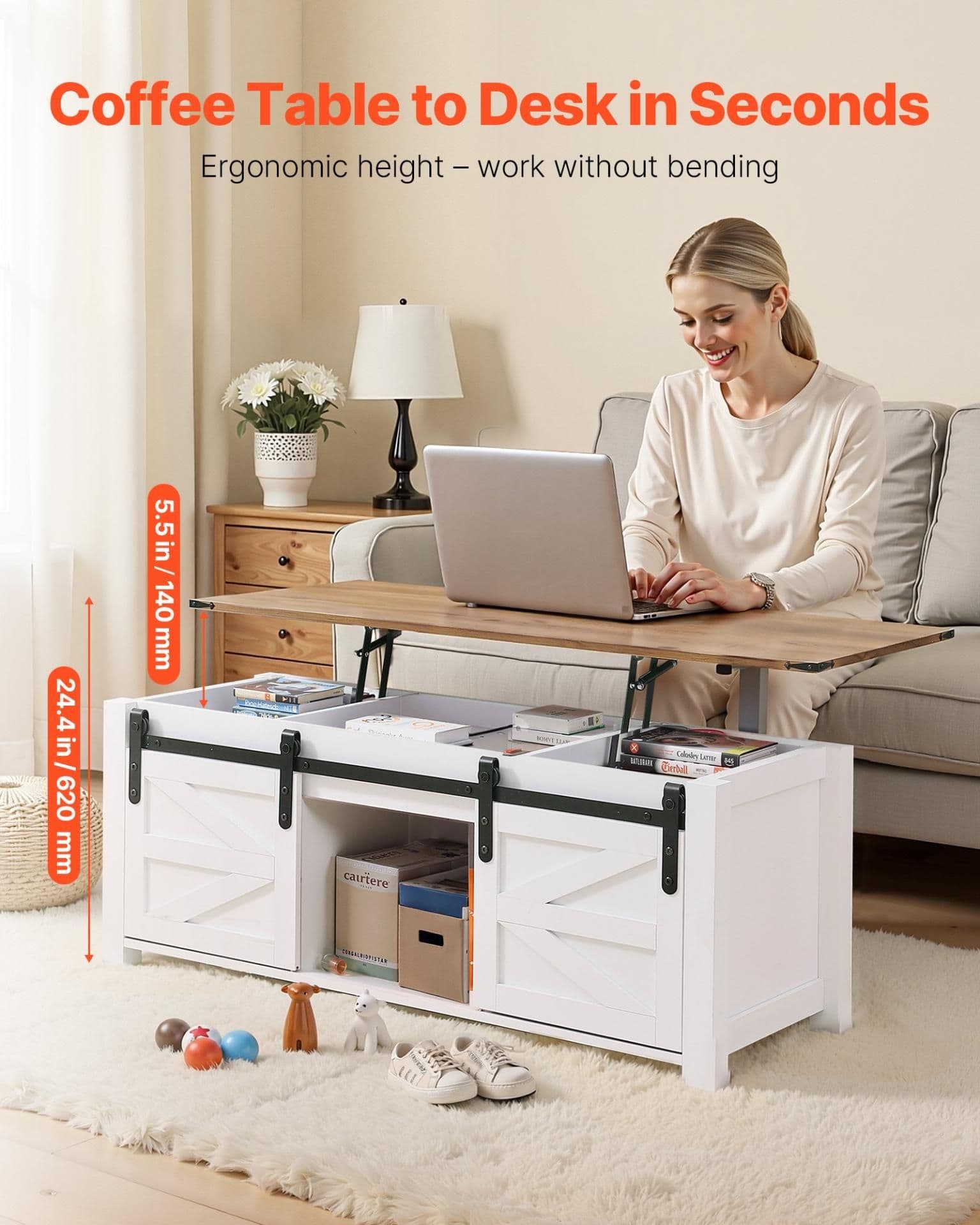 image-VEVOR 47.2 in Farmhouse Lift Top Coffee Table, Rustic Center Table with Barn Door and Hidden Storage Compartment, Modern Rectangle Lifting Tabletop for Living Room, Office, Home, Easy Assembly, White