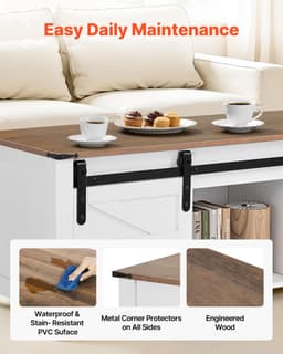 image-VEVOR 47.2 in Farmhouse Lift Top Coffee Table, Rustic Center Table with Barn Door and Hidden Storage Compartment, Modern Rectangle Lifting Tabletop for Living Room, Office, Home, Easy Assembly, White