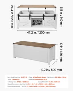 image-VEVOR 47.2 in Farmhouse Lift Top Coffee Table, Rustic Center Table with Barn Door and Hidden Storage Compartment, Modern Rectangle Lifting Tabletop for Living Room, Office, Home, Easy Assembly, White