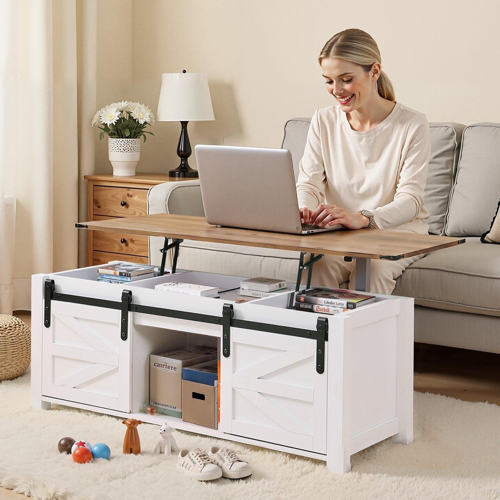 image-VEVOR 47.2 in Farmhouse Lift Top Coffee Table, Rustic Center Table with Barn Door and Hidden Storage Compartment, Modern Rectangle Lifting Tabletop for Living Room, Office, Home, Easy Assembly, White