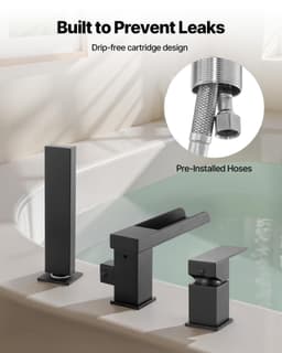 image-VEVOR Roman Tub Faucet, 3 Hole Waterfall Bathtub Faucet, Widespread Roman Tub Faucets with Shower Head & 1 Handle, Romans Bathtub Faucets for Pet Washing, Adult Bathing, Matte Black, Dual Water Flow