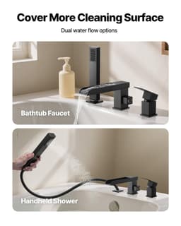 image-VEVOR Roman Tub Faucet, 3 Hole Waterfall Bathtub Faucet, Widespread Roman Tub Faucets with Shower Head & 1 Handle, Romans Bathtub Faucets for Pet Washing, Adult Bathing, Matte Black, Dual Water Flow