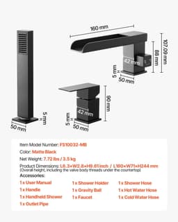 image-VEVOR Roman Tub Faucet, 3 Hole Waterfall Bathtub Faucet, Widespread Roman Tub Faucets with Shower Head & 1 Handle, Romans Bathtub Faucets for Pet Washing, Adult Bathing, Matte Black, Dual Water Flow