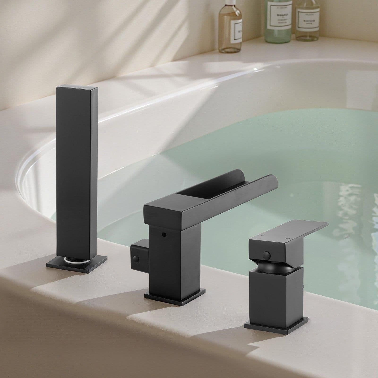 image-VEVOR Roman Tub Faucet, 3 Hole Waterfall Bathtub Faucet, Widespread Roman Tub Faucets with Shower Head & 1 Handle, Romans Bathtub Faucets for Pet Washing, Adult Bathing, Matte Black, Dual Water Flow