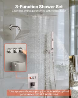 image-VEVOR Shower Faucet Set, 10 Inch Ceiling Mount Rainfall Shower System with 6 Inch Wall Mount Head and 2 in 1 Handheld Spray, Rotatable 3-Function Dual Rain Head Brass Valve & Trim Kit, Brushed Nickel