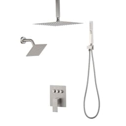 image-VEVOR Shower Faucet Set, 10 Inch Ceiling Mount Rainfall Shower System with 6 Inch Wall Mount Head and 2 in 1 Handheld Spray, Rotatable 3-Function Dual Rain Head Brass Valve & Trim Kit, Brushed Nickel