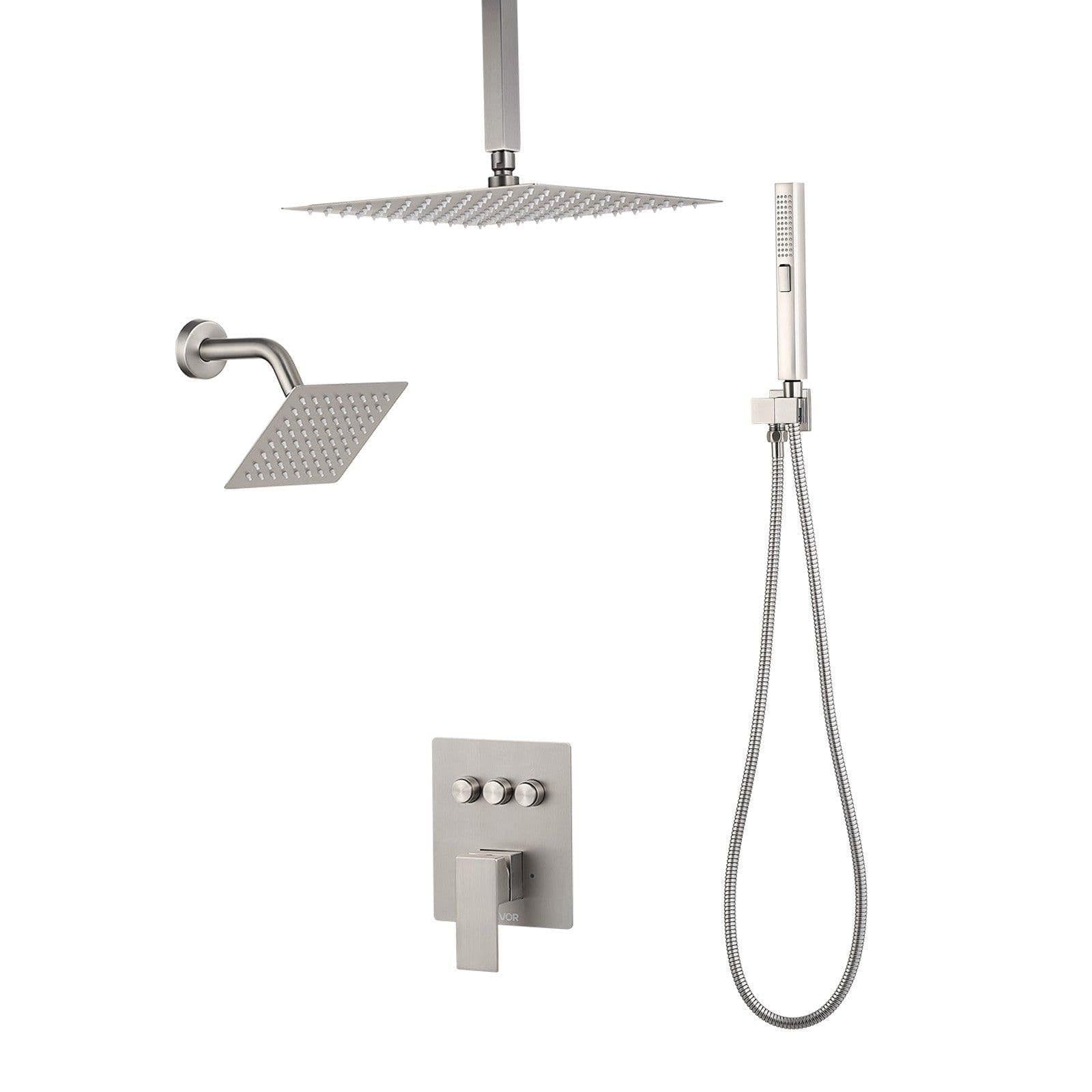 image-VEVOR Shower Faucet Set, 10 Inch Ceiling Mount Rainfall Shower System with 6 Inch Wall Mount Head and 2 in 1 Handheld Spray, Rotatable 3-Function Dual Rain Head Brass Valve & Trim Kit, Brushed Nickel