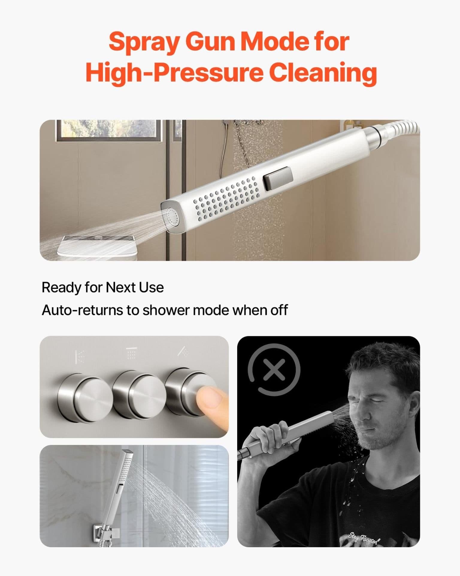 image-VEVOR Shower Faucet Set, 10 Inch Ceiling Mount Rainfall Shower System with 6 Inch Wall Mount Head and 2 in 1 Handheld Spray, Rotatable 3-Function Dual Rain Head Brass Valve & Trim Kit, Brushed Nickel