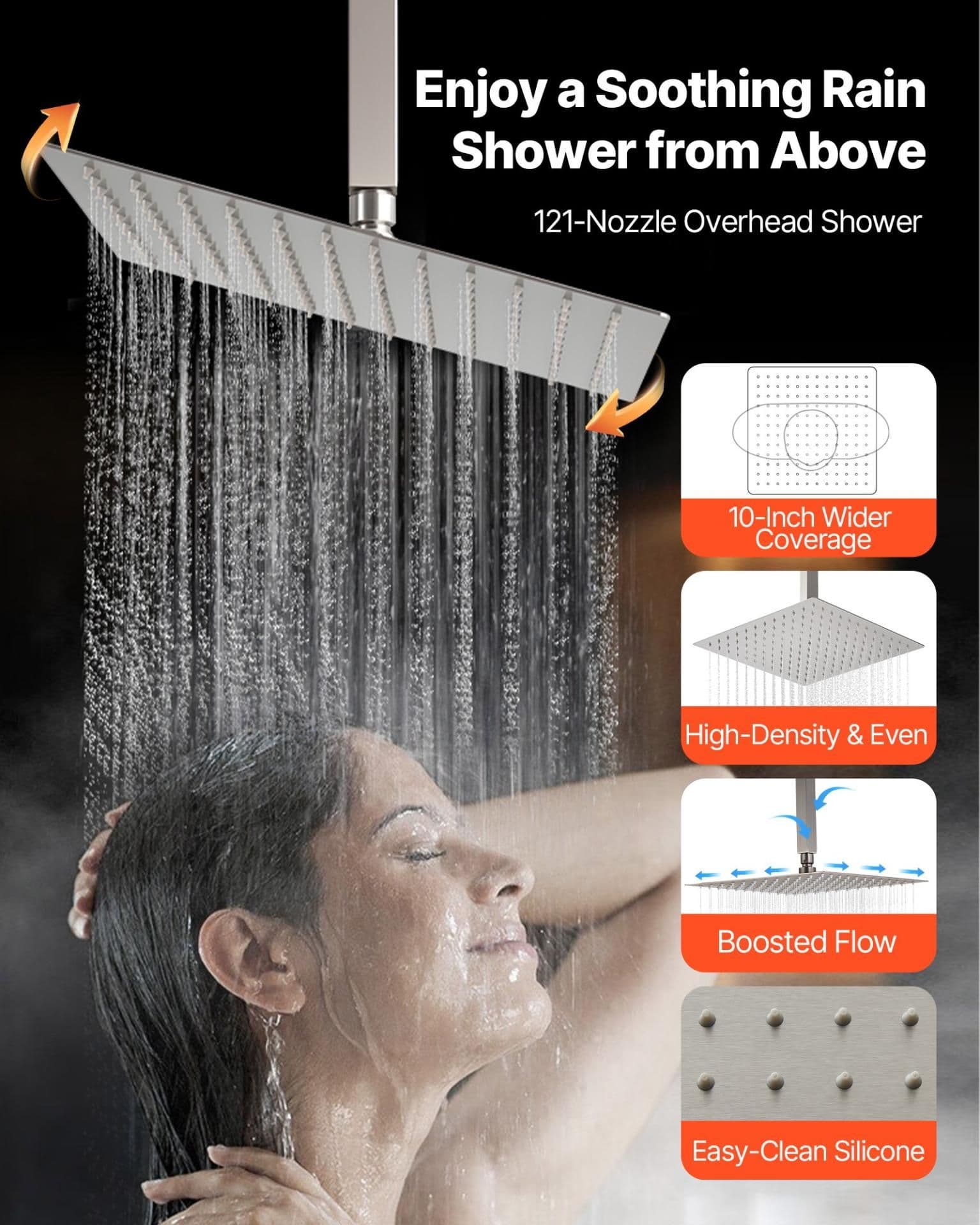 image-VEVOR Shower Faucet Set, 10 Inch Ceiling Mount Rainfall Shower System with 6 Inch Wall Mount Head and 2 in 1 Handheld Spray, Rotatable 3-Function Dual Rain Head Brass Valve & Trim Kit, Brushed Nickel