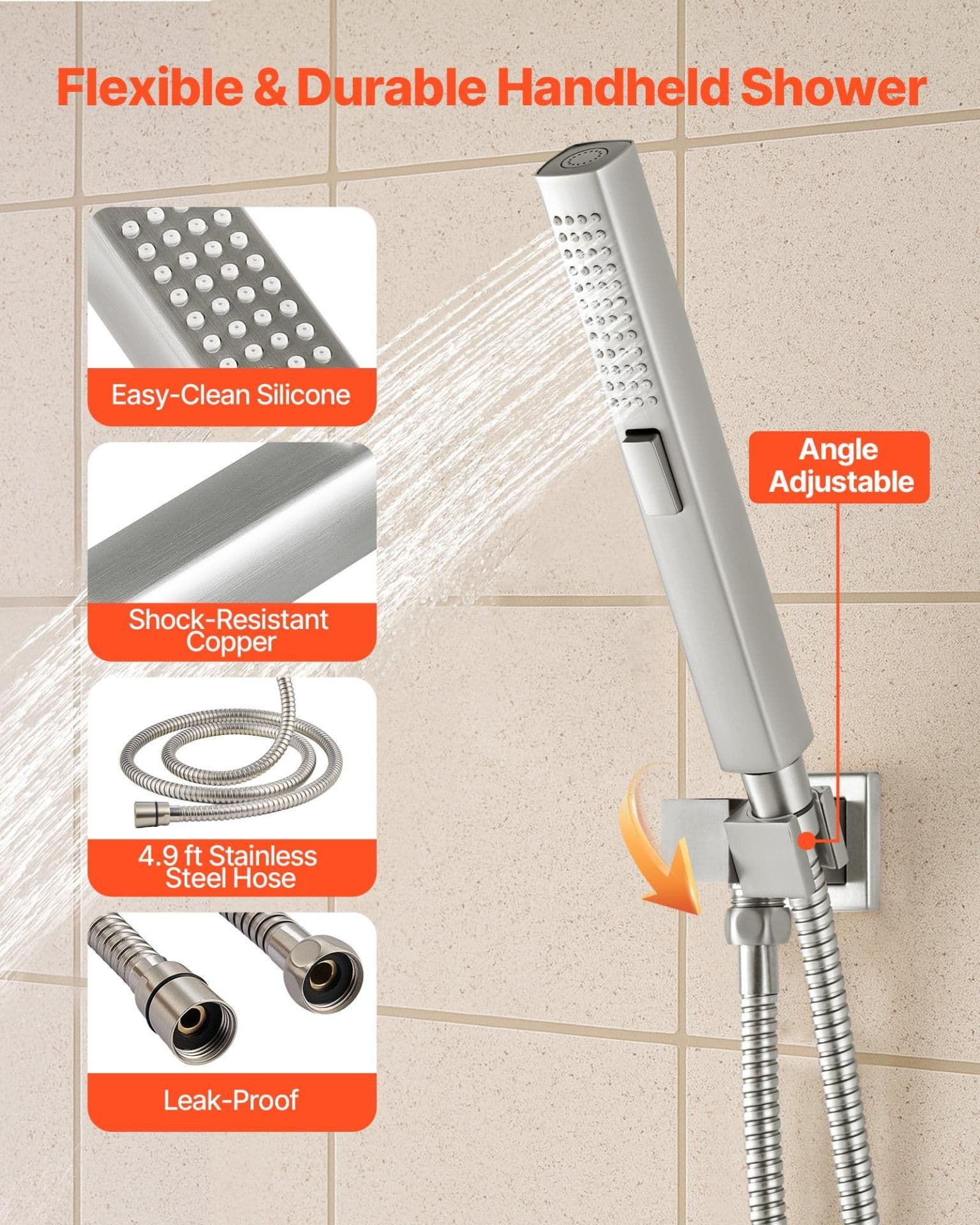 image-VEVOR Shower Faucet Set, 10 Inch Ceiling Mount Rainfall Shower System with 6 Inch Wall Mount Head and 2 in 1 Handheld Spray, Rotatable 3-Function Dual Rain Head Brass Valve & Trim Kit, Brushed Nickel