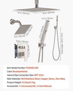 image-VEVOR Shower Faucet Set, 10 Inch Ceiling Mount Rainfall Shower System with 6 Inch Wall Mount Head and 2 in 1 Handheld Spray, Rotatable 3-Function Dual Rain Head Brass Valve & Trim Kit, Brushed Nickel