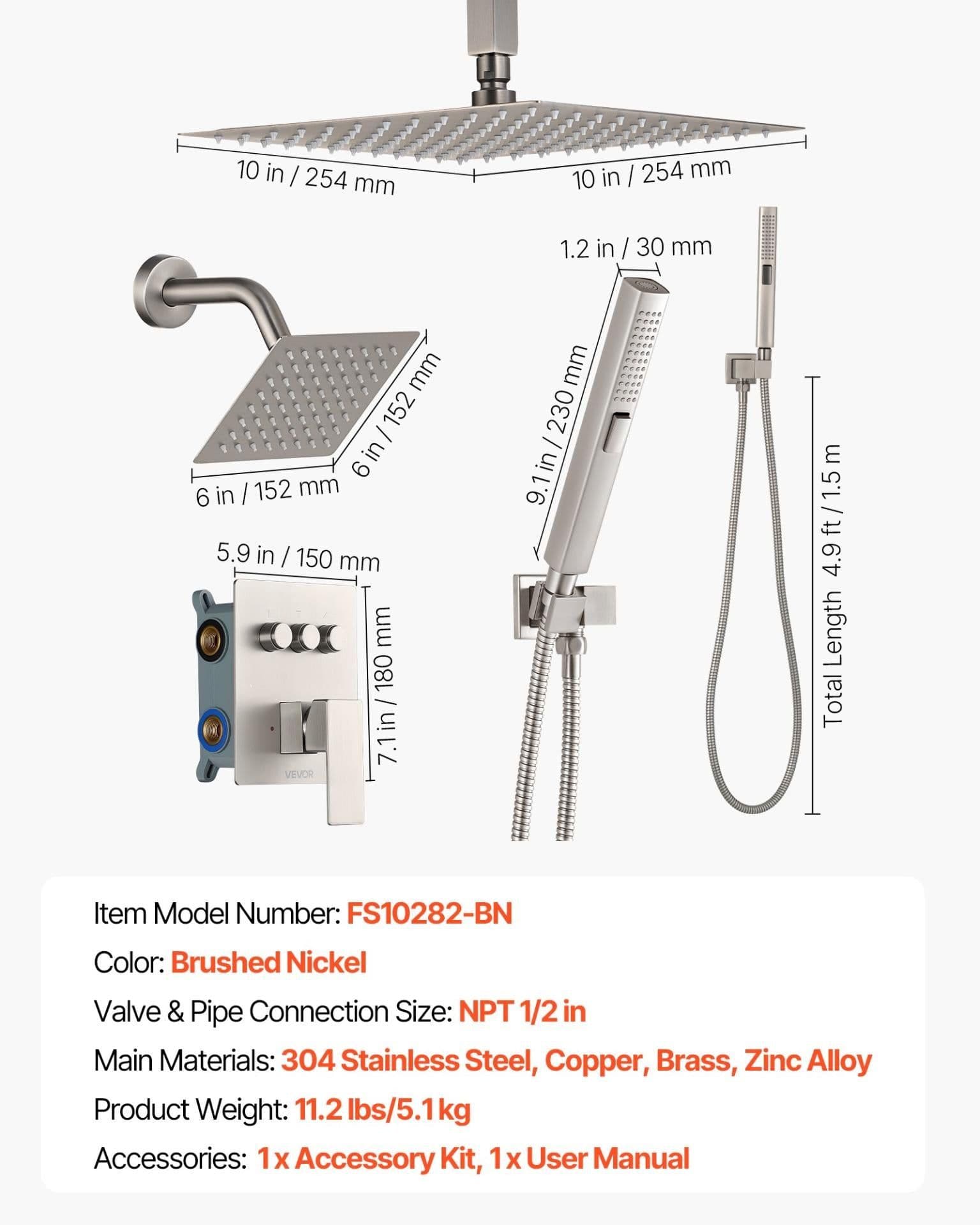 image-VEVOR Shower Faucet Set, 10 Inch Ceiling Mount Rainfall Shower System with 6 Inch Wall Mount Head and 2 in 1 Handheld Spray, Rotatable 3-Function Dual Rain Head Brass Valve & Trim Kit, Brushed Nickel