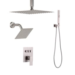image-VEVOR Shower Faucet Set, 10 Inch Ceiling Mount Rainfall Shower System with 6 Inch Wall Mount Head and 2 in 1 Handheld Spray, Rotatable 3-Function Dual Rain Head Brass Valve & Trim Kit, Brushed Nickel
