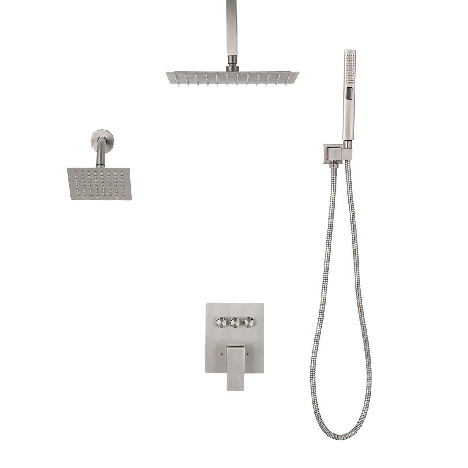 image-VEVOR Shower Faucet Set, 10 Inch Ceiling Mount Rainfall Shower System with 6 Inch Wall Mount Head and 2 in 1 Handheld Spray, Rotatable 3-Function Dual Rain Head Brass Valve & Trim Kit, Brushed Nickel