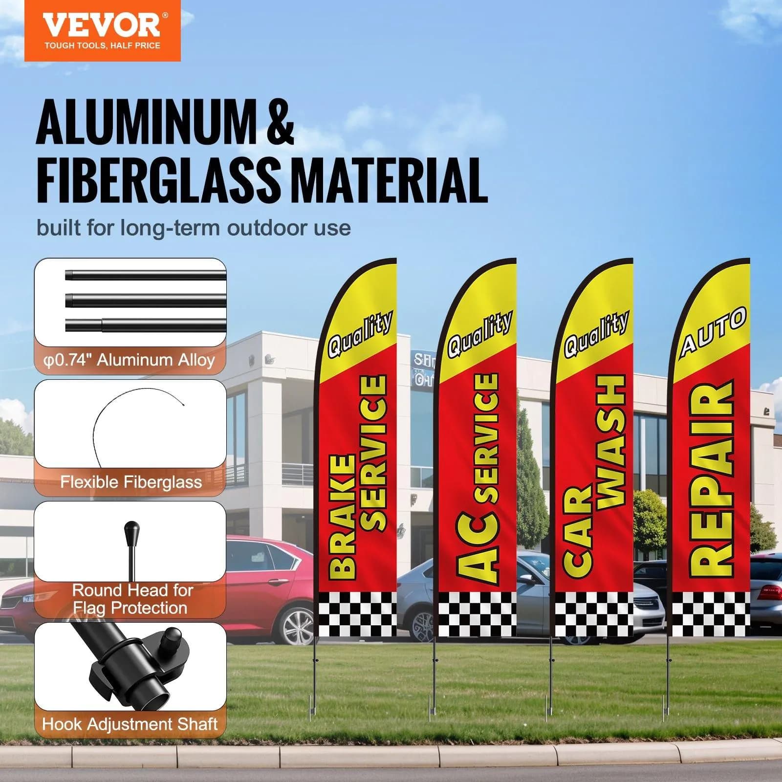 image-VEVOR Auto Repair Advertising Feather Flag with Pole Kit, Advertising Flags for Business Outside, Includes 4 Banner Flags, 4 Poles, 4 Ground Stakes, Swooper Flags for Businesses 16.3 FT