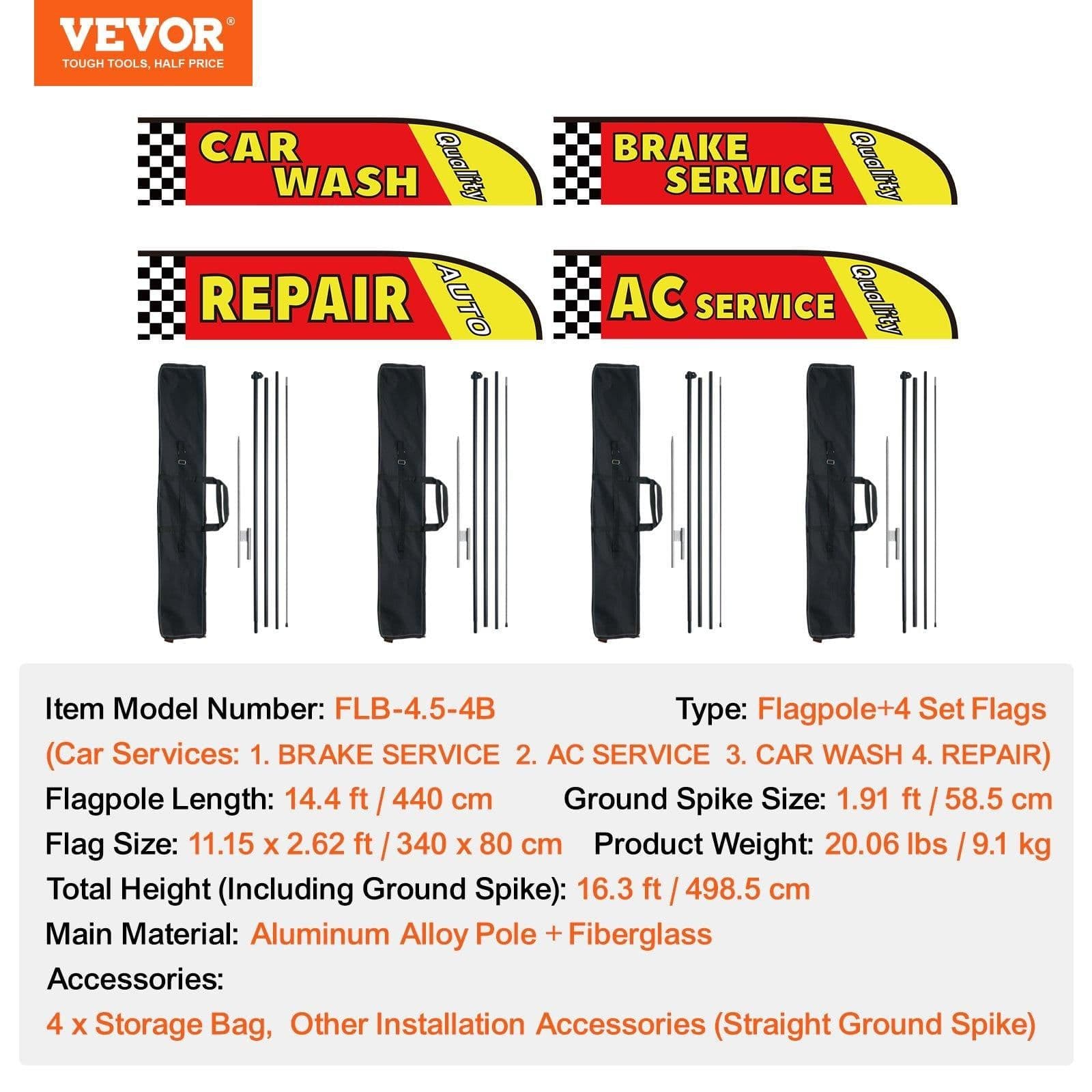 image-VEVOR Auto Repair Advertising Feather Flag with Pole Kit, Advertising Flags for Business Outside, Includes 4 Banner Flags, 4 Poles, 4 Ground Stakes, Swooper Flags for Businesses 16.3 FT