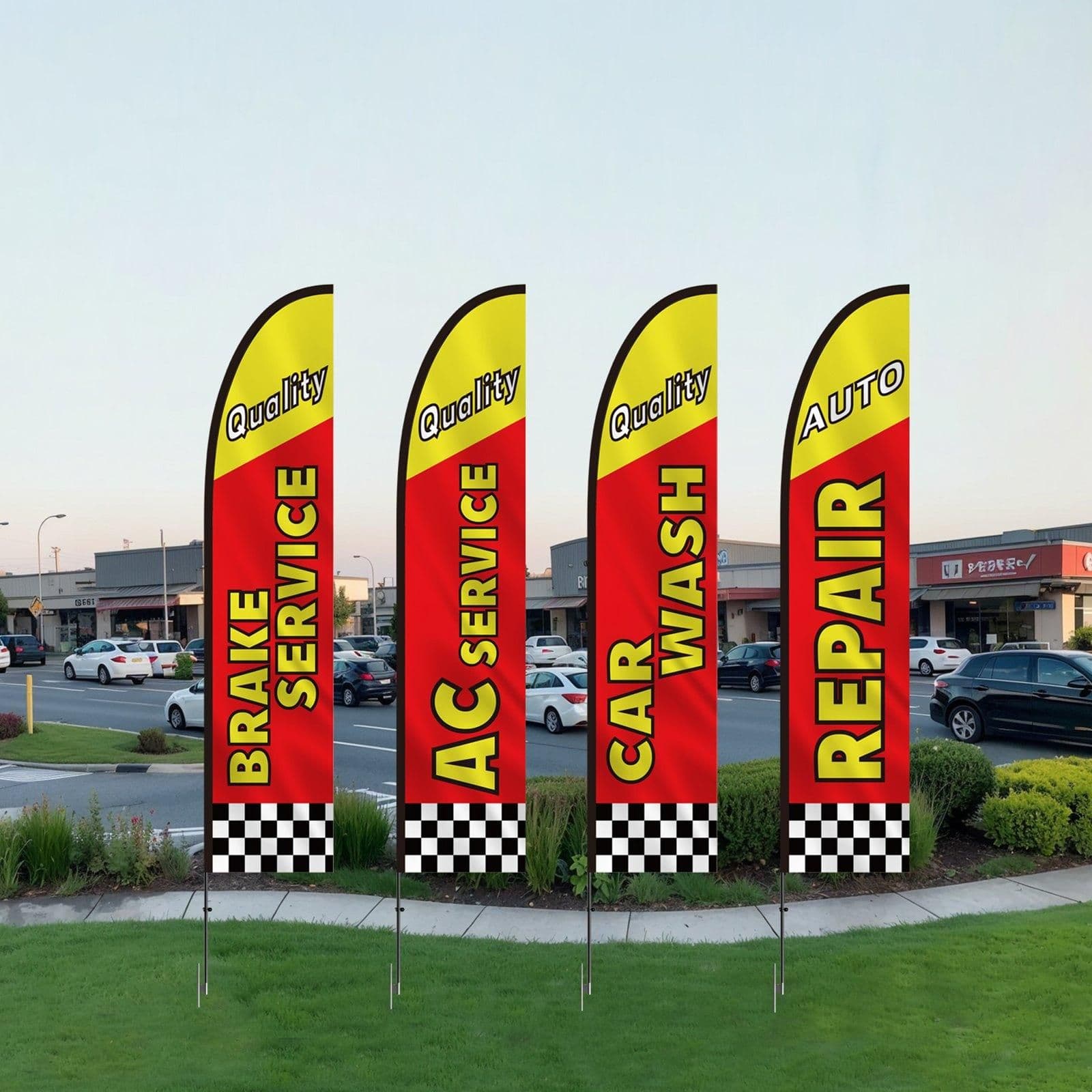 image-VEVOR Auto Repair Advertising Feather Flag with Pole Kit, Advertising Flags for Business Outside, Includes 4 Banner Flags, 4 Poles, 4 Ground Stakes, Swooper Flags for Businesses 16.3 FT