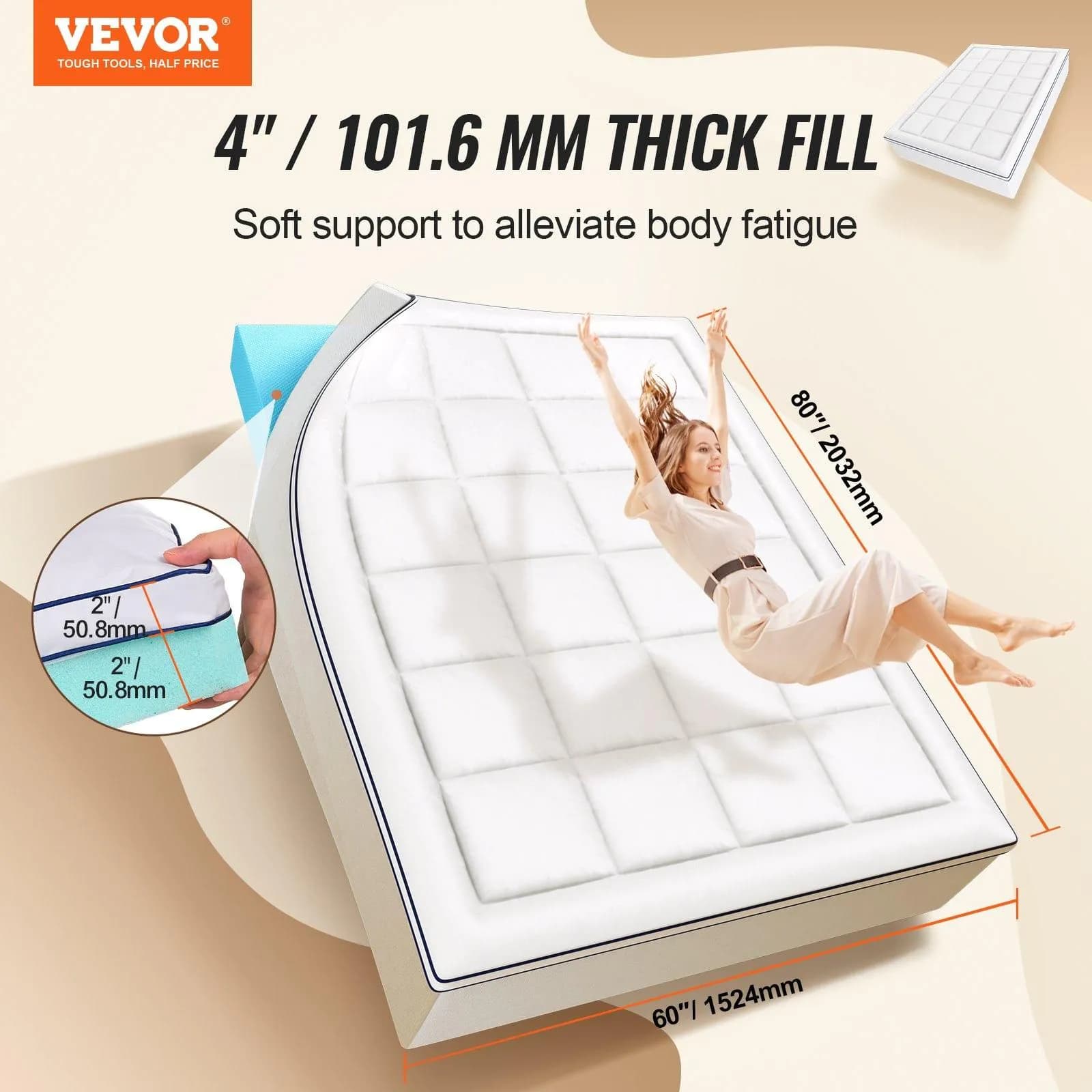 image-VEVOR Mattress Topper, Queen Size, 4 in Thickness, Memory Foam, Fiber Fill, Detachable & Washable, Ergonomically Designed for Pressure Relief, Comfortable Cooling & Breathable, Ideal for Hot Sleepers
