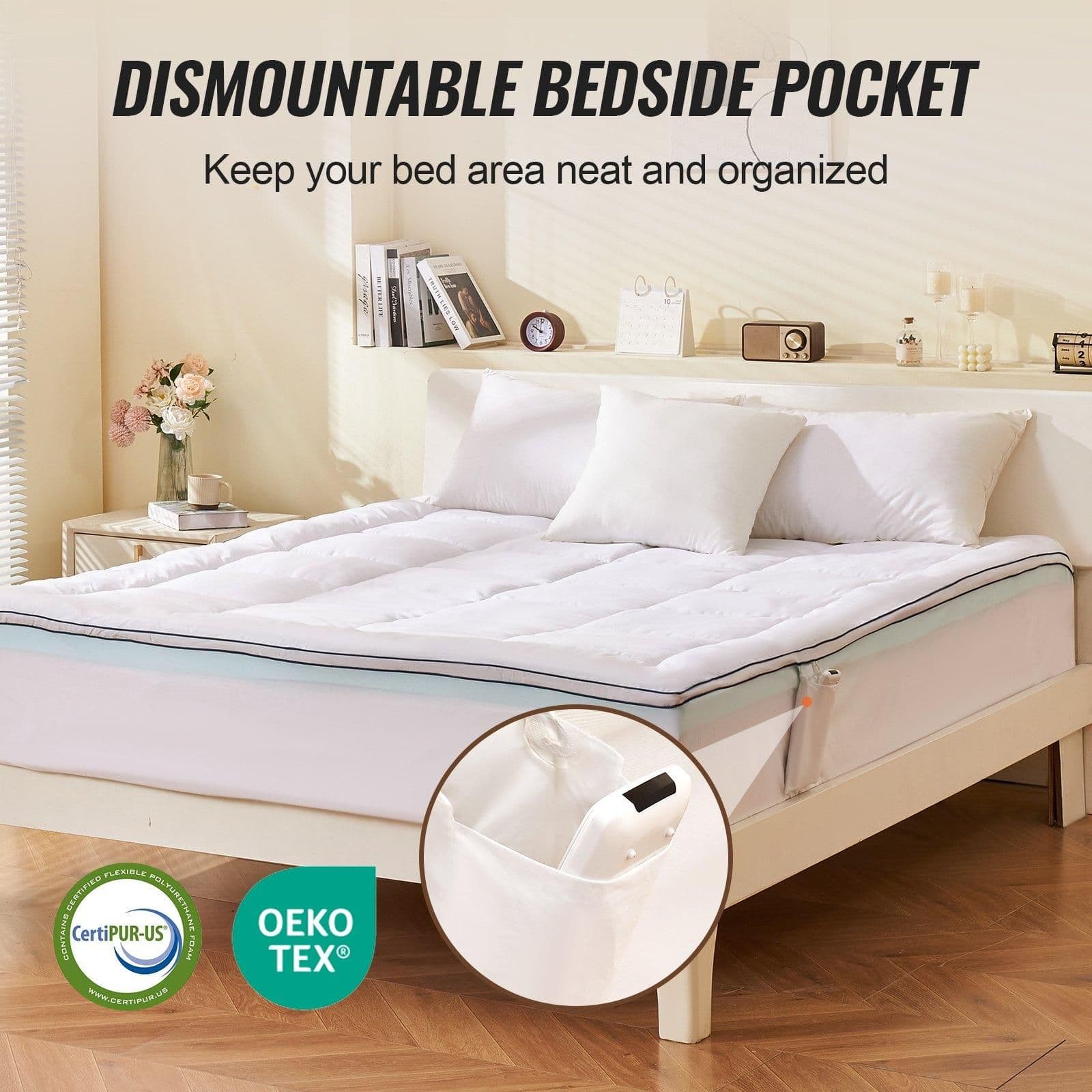 image-VEVOR Mattress Topper, Queen Size, 4 in Thickness, Memory Foam, Fiber Fill, Detachable & Washable, Ergonomically Designed for Pressure Relief, Comfortable Cooling & Breathable, Ideal for Hot Sleepers