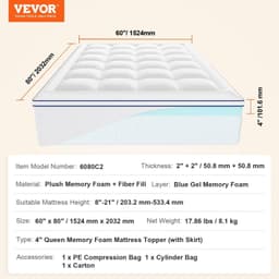 image-VEVOR Mattress Topper, Queen Size, 4 in Thickness, Memory Foam, Fiber Fill, Detachable & Washable, Ergonomically Designed for Pressure Relief, Comfortable Cooling & Breathable, Ideal for Hot Sleepers