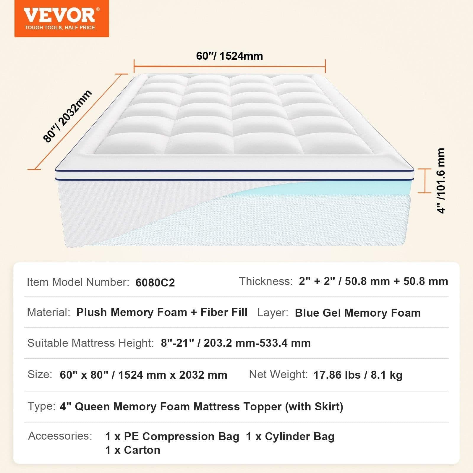 image-VEVOR Mattress Topper, Queen Size, 4 in Thickness, Memory Foam, Fiber Fill, Detachable & Washable, Ergonomically Designed for Pressure Relief, Comfortable Cooling & Breathable, Ideal for Hot Sleepers