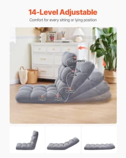 image-VEVOR Floor Chair, Recycled Foam Folding Sofa Chair with 14 Adjustable Positions, Multifunctional Floor Chair with Back Support Ideal for Sleeping Reading, Floor Gaming Chair for Living Room, Gray