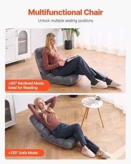 image-VEVOR Floor Chair, Recycled Foam Folding Sofa Chair with 14 Adjustable Positions, Multifunctional Floor Chair with Back Support Ideal for Sleeping Reading, Floor Gaming Chair for Living Room, Gray