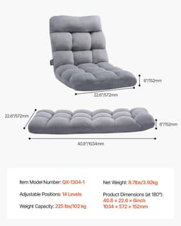 image-VEVOR Floor Chair, Recycled Foam Folding Sofa Chair with 14 Adjustable Positions, Multifunctional Floor Chair with Back Support Ideal for Sleeping Reading, Floor Gaming Chair for Living Room, Gray
