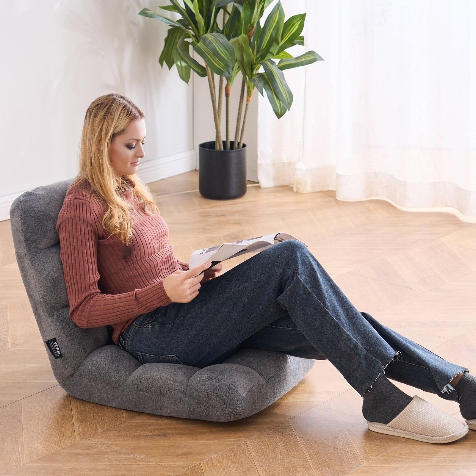 image-VEVOR Floor Chair, Recycled Foam Folding Sofa Chair with 14 Adjustable Positions, Multifunctional Floor Chair with Back Support Ideal for Sleeping Reading, Floor Gaming Chair for Living Room, Gray