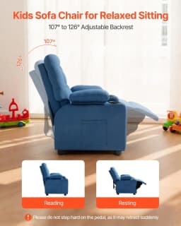 image-VEVOR Kids Reclining Chair, Toddler Recliner with Cup Holders and Pockets, 107° to 126° Adjustable Backrest, Breathable Polyester Fabric Recliner Couch with Footrest, for Boys & Girls, Children(Blue)