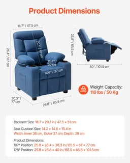 image-VEVOR Kids Reclining Chair, Toddler Recliner with Cup Holders and Pockets, 107° to 126° Adjustable Backrest, Breathable Polyester Fabric Recliner Couch with Footrest, for Boys & Girls, Children(Blue)