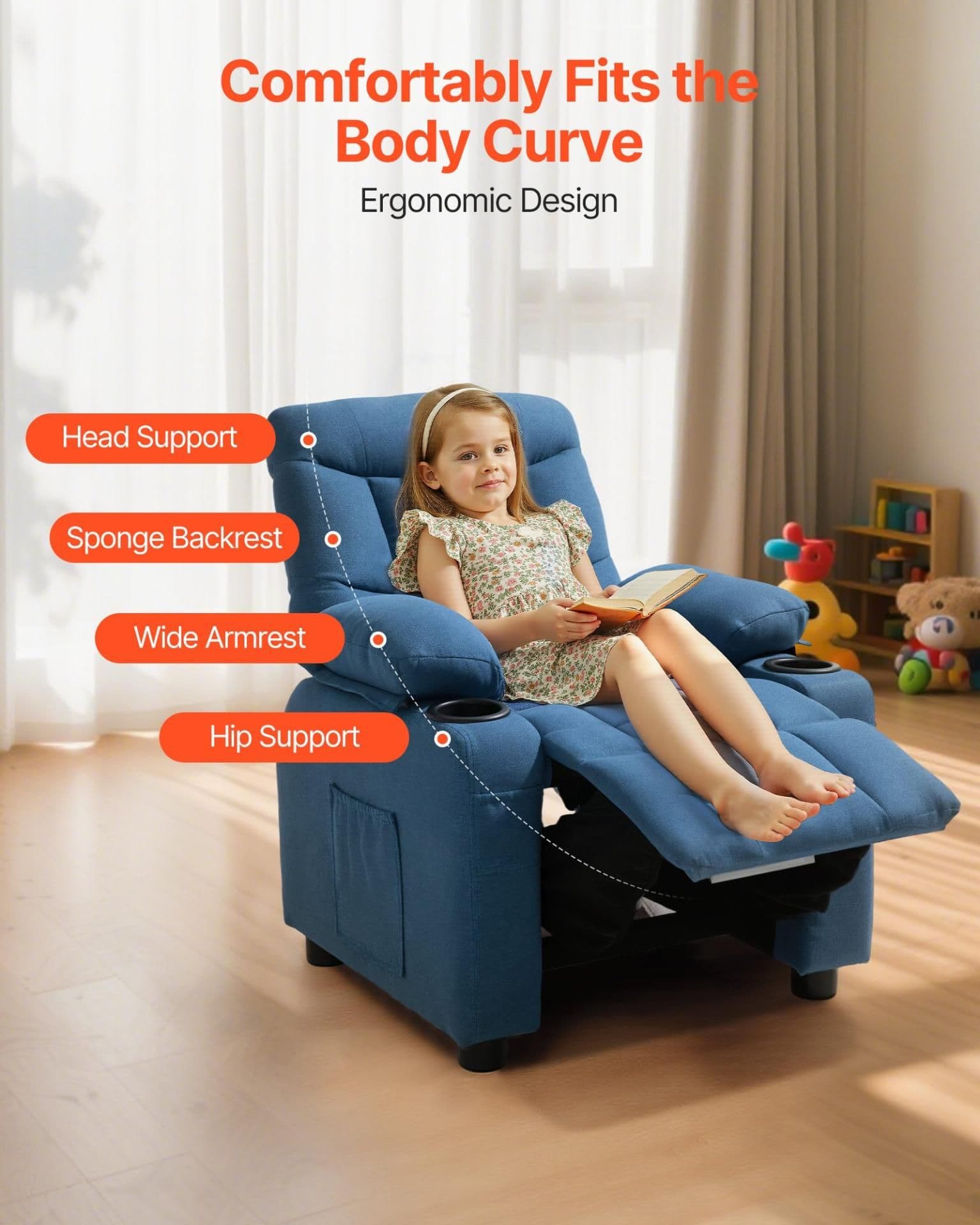 image-VEVOR Kids Reclining Chair, Toddler Recliner with Cup Holders and Pockets, 107° to 126° Adjustable Backrest, Breathable Polyester Fabric Recliner Couch with Footrest, for Boys & Girls, Children(Blue)