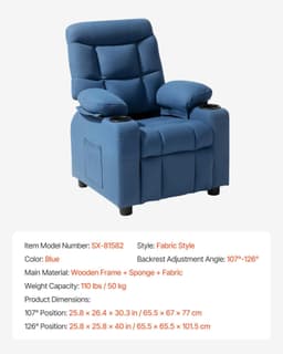 image-VEVOR Kids Reclining Chair, Toddler Recliner with Cup Holders and Pockets, 107° to 126° Adjustable Backrest, Breathable Polyester Fabric Recliner Couch with Footrest, for Boys & Girls, Children(Blue)
