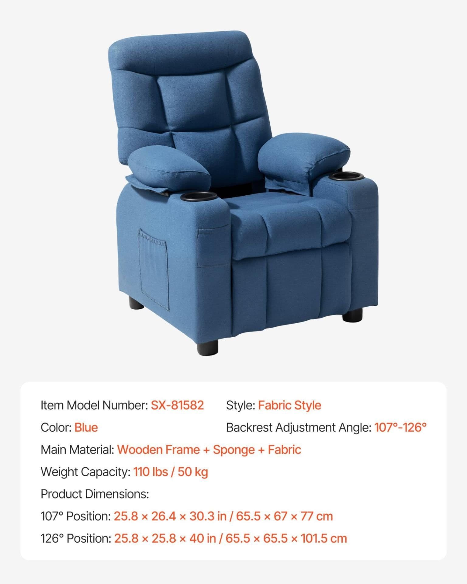 image-VEVOR Kids Reclining Chair, Toddler Recliner with Cup Holders and Pockets, 107° to 126° Adjustable Backrest, Breathable Polyester Fabric Recliner Couch with Footrest, for Boys & Girls, Children(Blue)