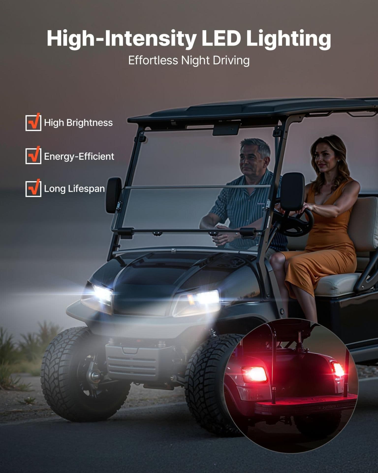 image-VEVOR Golf Cart Light Kit, 12 Volt, Street Legal LED Headlight and Tail Light Kit with Wiring Harness, Turn Signals, Hazard Light, Switch Horn, Brake Pad, Zip Ties, ABS Housing, for EZGO TXT 1996-2013