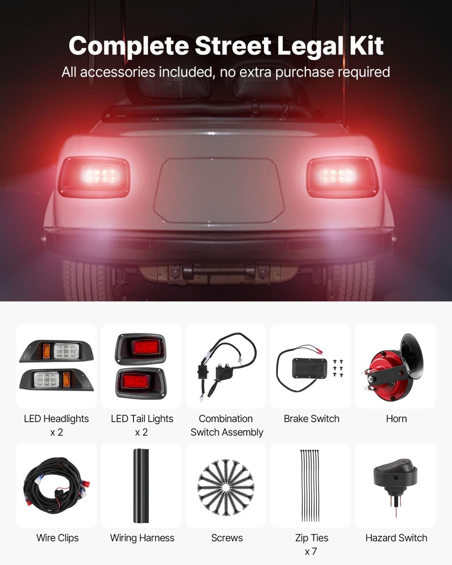image-VEVOR Golf Cart Light Kit, 12 Volt, Street Legal LED Headlight and Tail Light Kit with Wiring Harness, Turn Signals, Hazard Light, Switch Horn, Brake Pad, Zip Ties, ABS Housing, for EZGO TXT 1996-2013