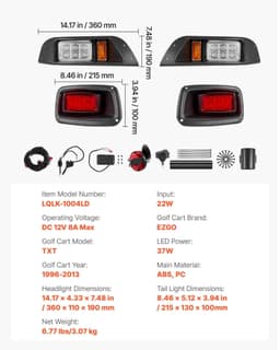 image-VEVOR Golf Cart Light Kit, 12 Volt, Street Legal LED Headlight and Tail Light Kit with Wiring Harness, Turn Signals, Hazard Light, Switch Horn, Brake Pad, Zip Ties, ABS Housing, for EZGO TXT 1996-2013