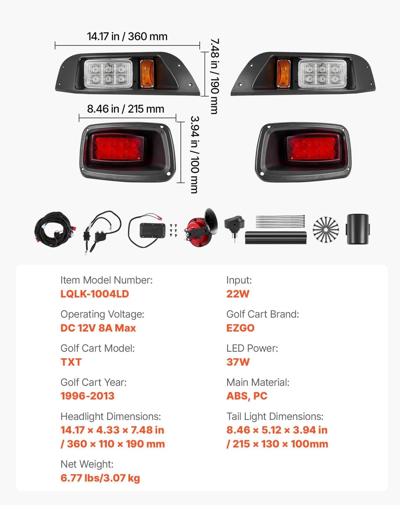 image-VEVOR Golf Cart Light Kit, 12 Volt, Street Legal LED Headlight and Tail Light Kit with Wiring Harness, Turn Signals, Hazard Light, Switch Horn, Brake Pad, Zip Ties, ABS Housing, for EZGO TXT 1996-2013