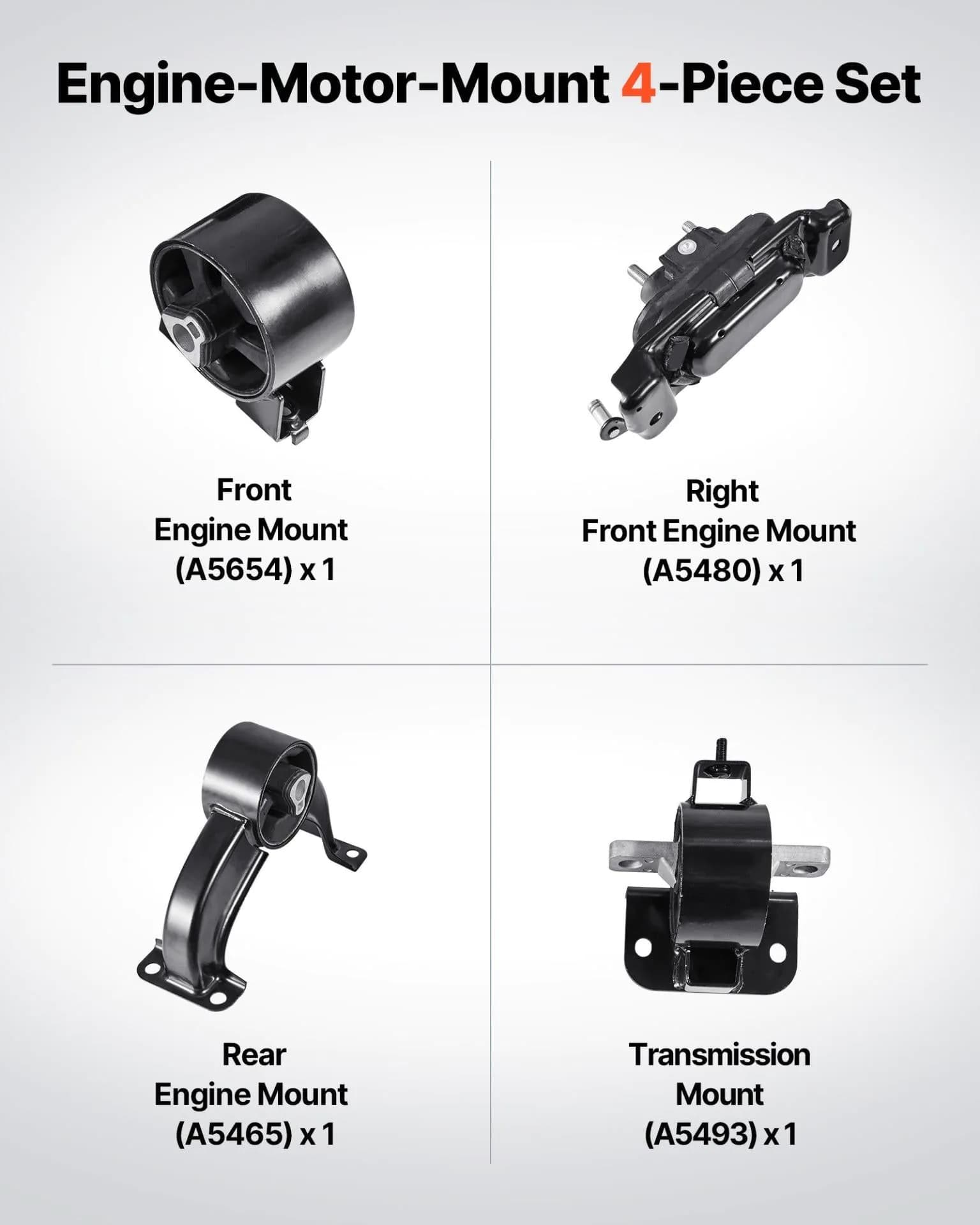 image-VEVOR Engine Motor Mount and Transmission Mount Kit Replacement, Set of 4, Compatible with 2008–2010 Chrysler Town & Country 3.3L, Replace OE# A5654, A5480, A5465, A5493, Secure Support